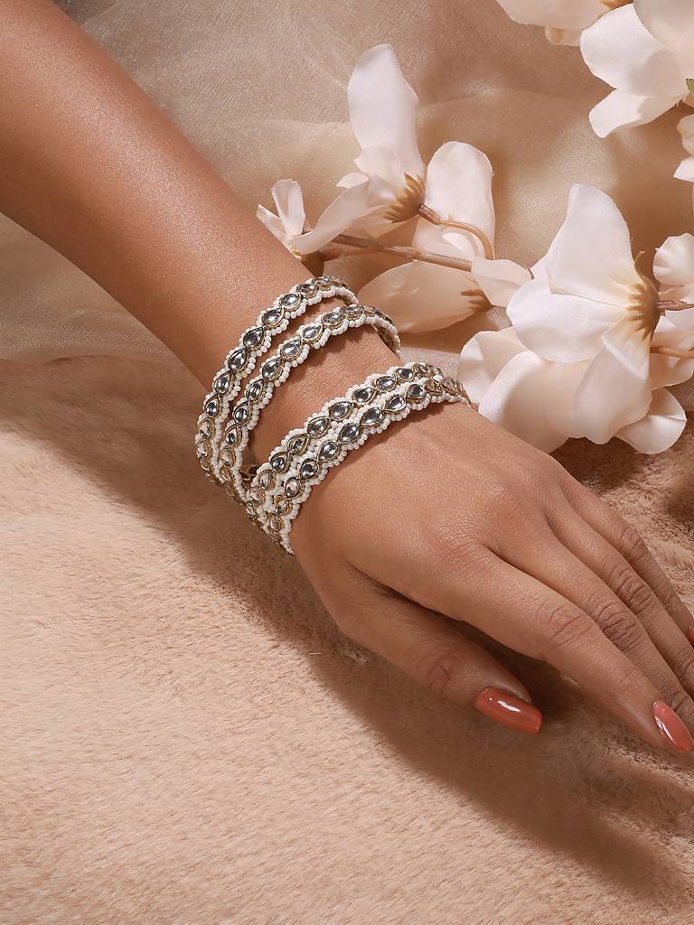 Set Of 4 22K Gold-Plated White Kundan-Studded & Pearl Beaded Handcrafted Bangle-Ba-Js23-60080 : BA-JS23-60080