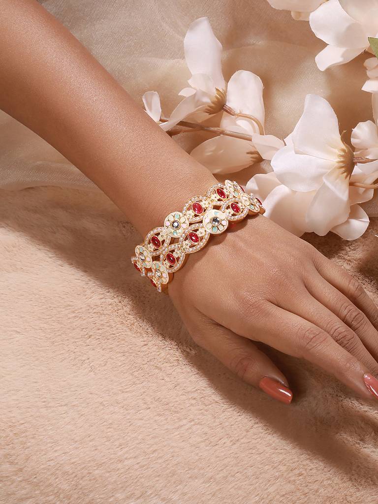 Set Of 2 24K Gold-Plated Red & Green Stone & Pearl-Studded Handcrafted Bangles-Ba-Js23-60087 : BA-JS23-60087