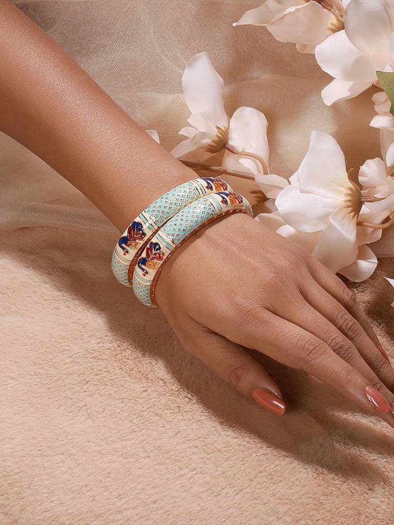 Set Of 2 Gold-Plated Blue Stone-Studded Peacock Meenakari Bangles-Ba-Js23-60083 : BA-JS23-60083