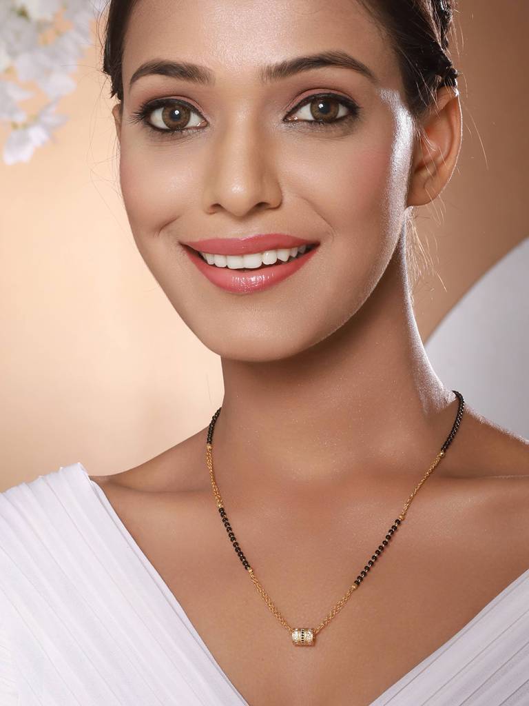 Gold-Plated Black Artificial Stones & Beads Studded Mangalsutra : MGS-JS23-50030