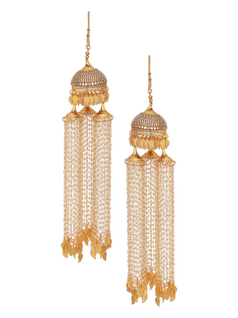 Pack Of 2 Gold Plated Stone Studded & White Long Pearl Beaded Bridal Dome Kaleeras : JS23-KAL007