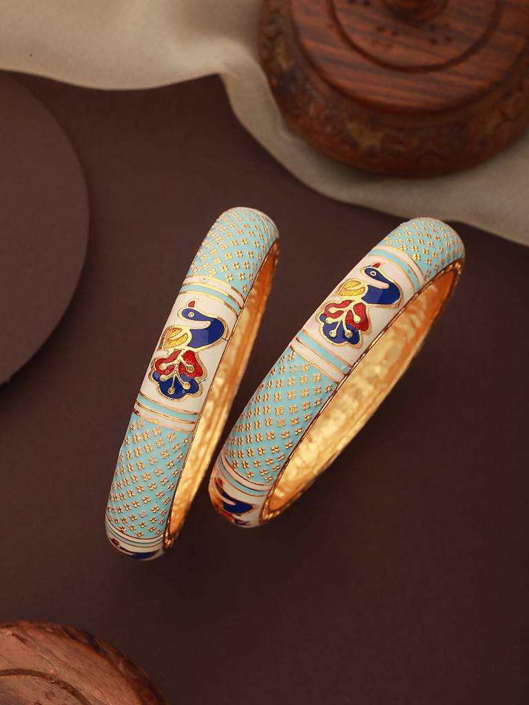 Set Of 2 Gold-Plated Blue Stone-Studded Peacock Meenakari Bangles-Ba-Js23-60083 : BA-JS23-60083