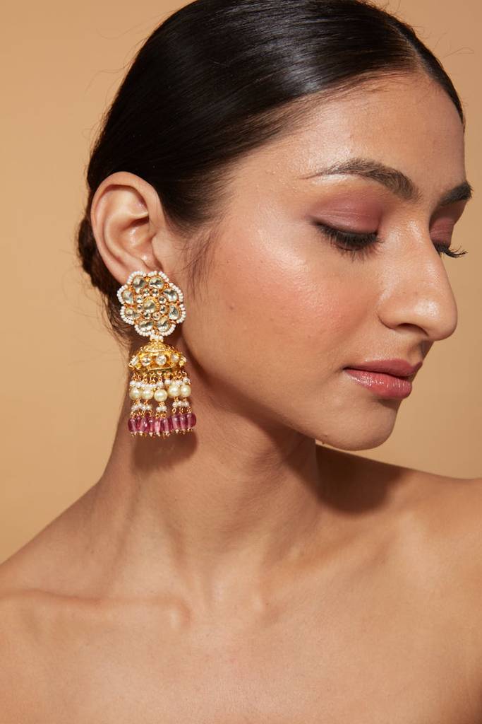 Gold Plated Kundan Studded With Pink Bead Drop Jhumka Earrings : VE004
