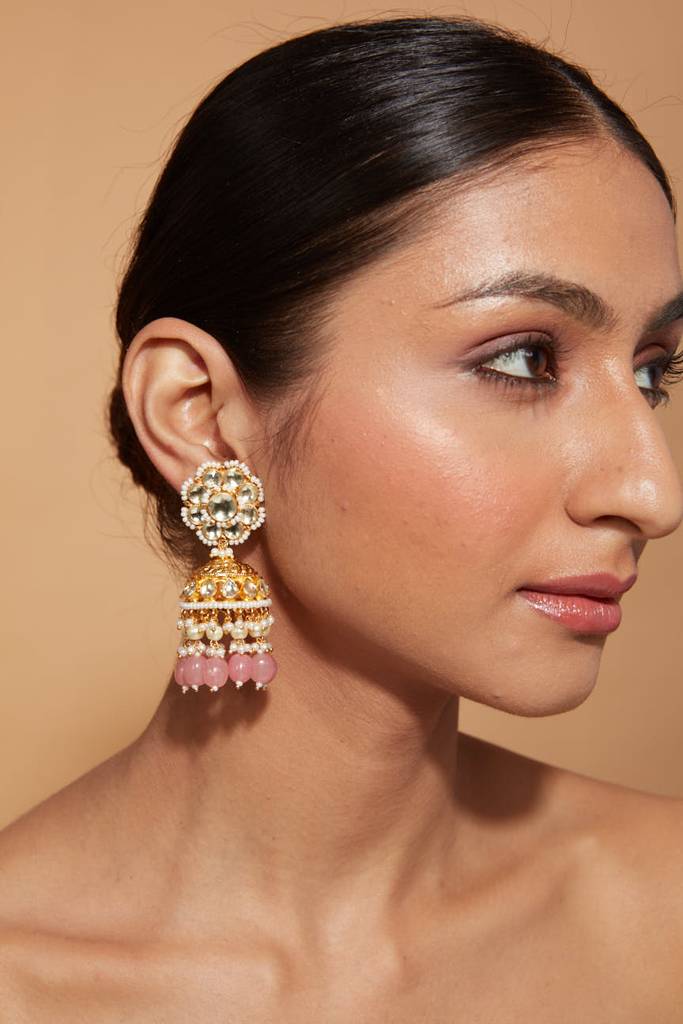 Gold Plated Kundan Studded With Pink Bead Drop Jhumka Earrings : VE004