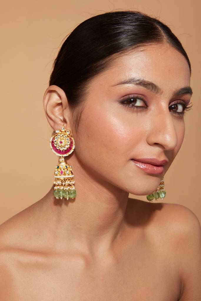 Gold Plated Kundan Studded With Pink Synthetic Stone Green Beads Drop Jhumka Earrings : VE007