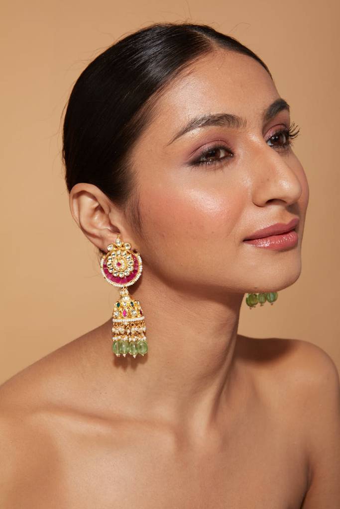 Gold Plated Kundan Studded With Pink Synthetic Stone Green Beads Drop Jhumka Earrings : VE007