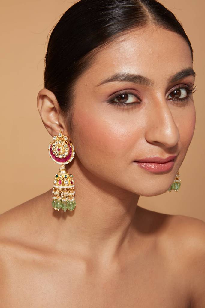 Gold Plated Kundan Studded With Pink Synthetic Stone Green Beads Drop Jhumka Earrings : VE007