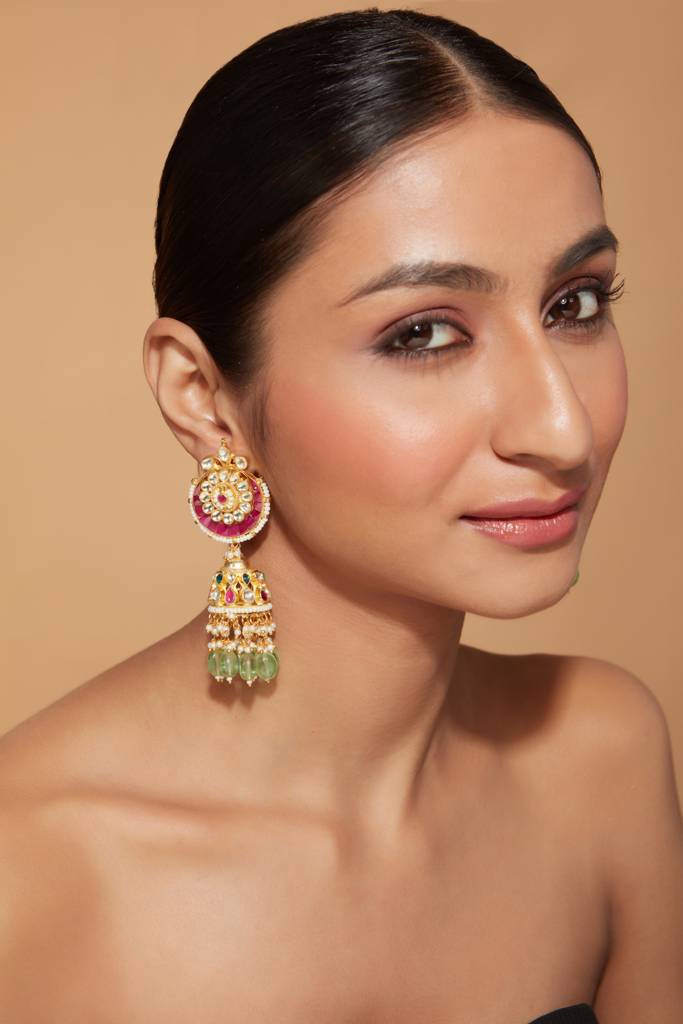 Gold Plated Kundan Studded With Pink Synthetic Stone Green Beads Drop Jhumka Earrings : VE007