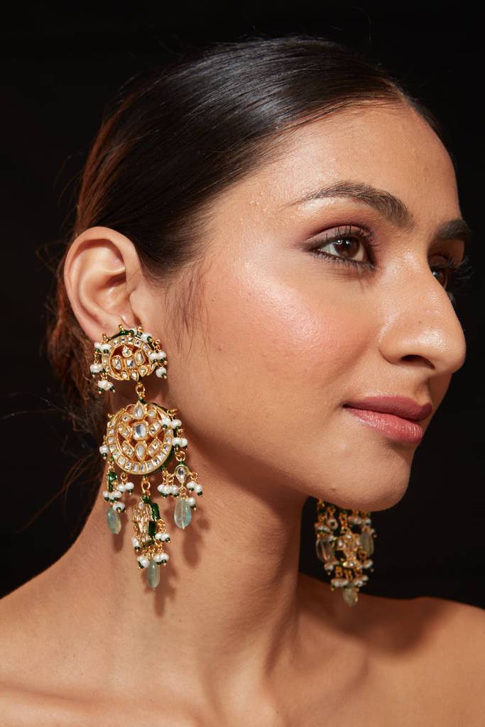 Gold Plated Kundan Studded Meenakari With Green Beads Drop Dangle Earrings : VE008
