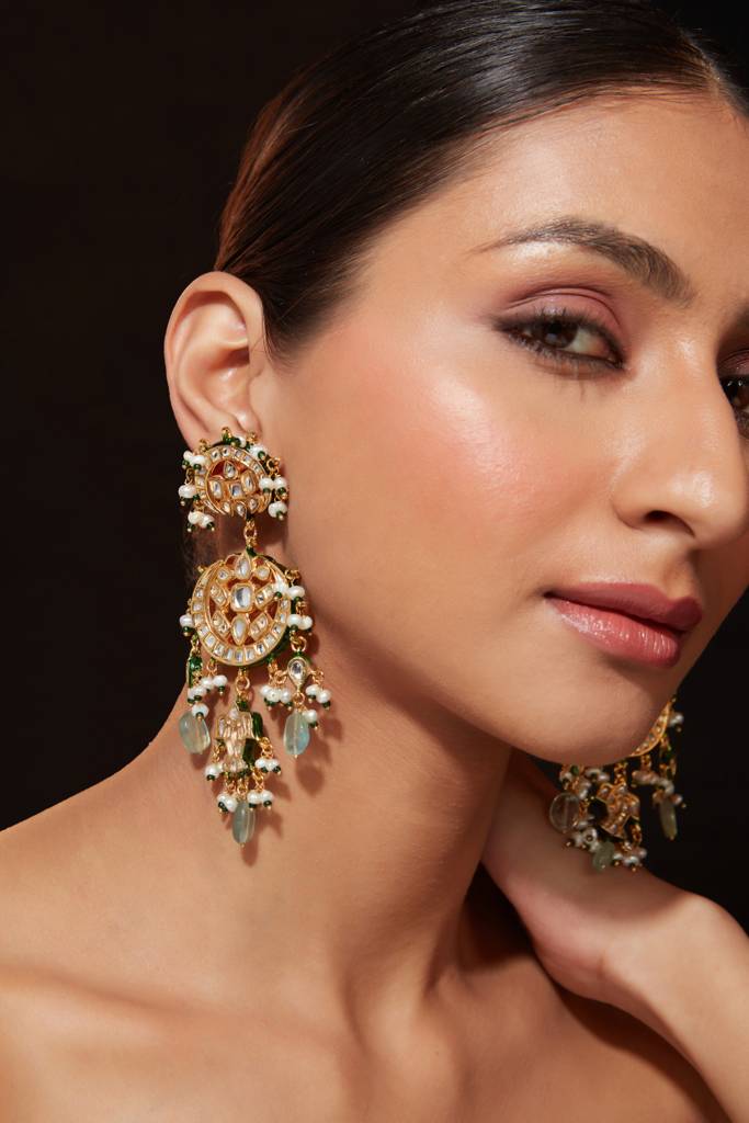 Gold Plated Kundan Studded Meenakari With Green Beads Drop Dangle Earrings : VE008