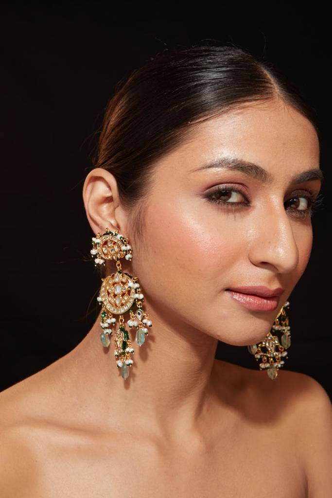 Gold Plated Kundan Studded Meenakari With Green Beads Drop Dangle Earrings : VE008