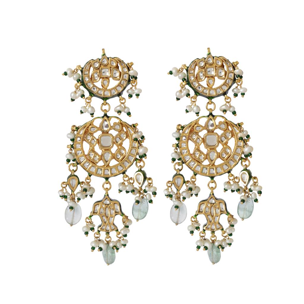 Gold Plated Kundan Studded Meenakari With Green Beads Drop Dangle Earrings : VE008