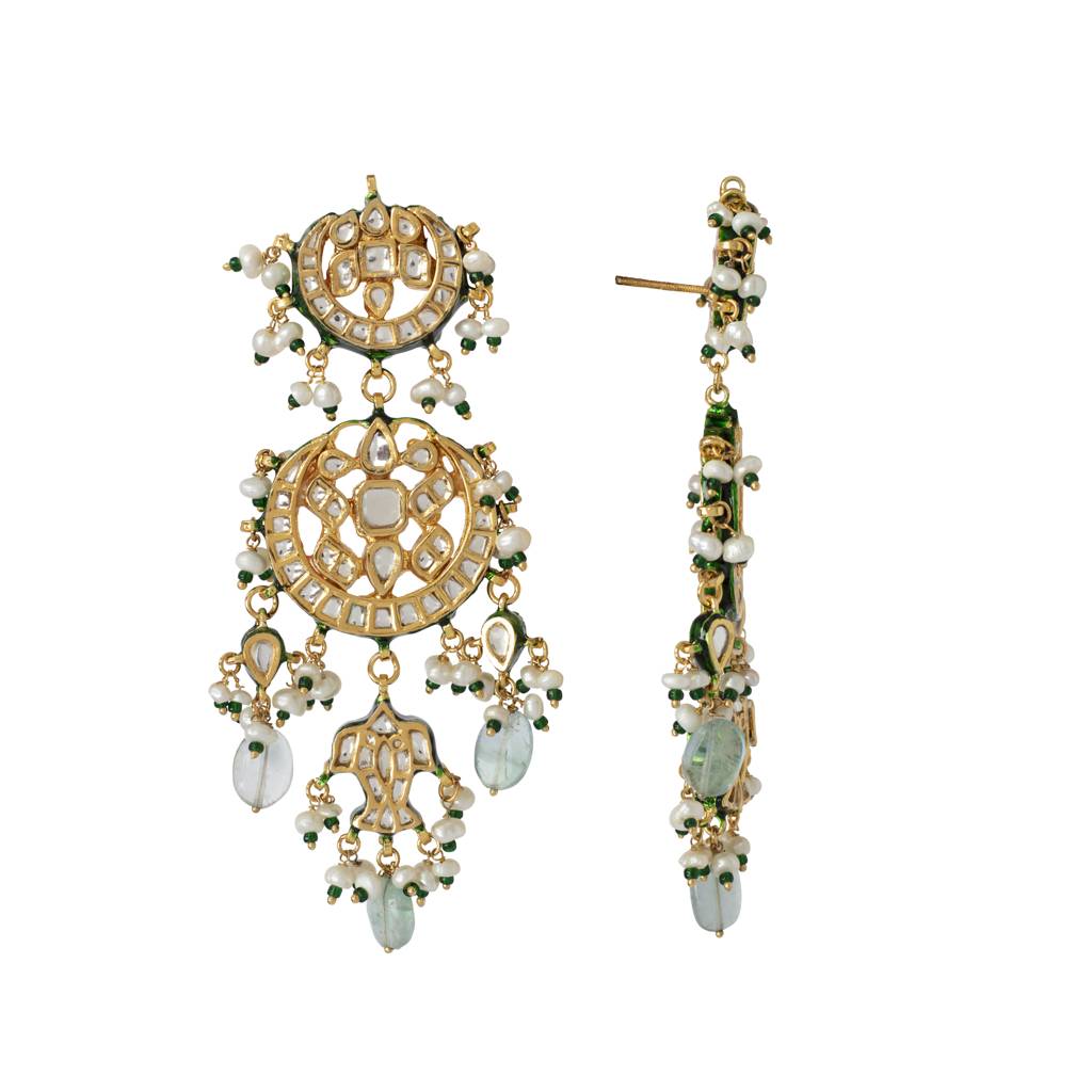 Gold Plated Kundan Studded Meenakari With Green Beads Drop Dangle Earrings : VE008
