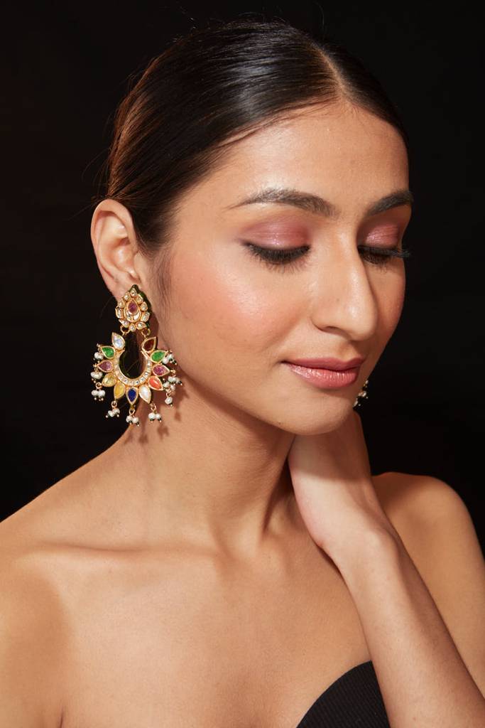 Gold Plated Multi Colour Stone With Drop Beads Chaandbali Earrings : VE011