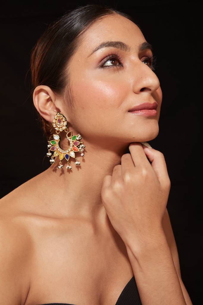 Gold Plated Multi Colour Stone With Drop Beads Chaandbali Earrings : VE011