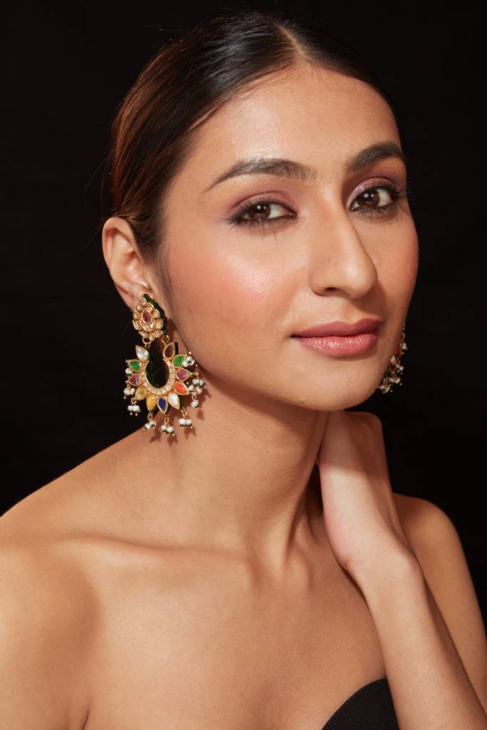 Gold Plated Multi Colour Stone With Drop Beads Chaandbali Earrings : VE011