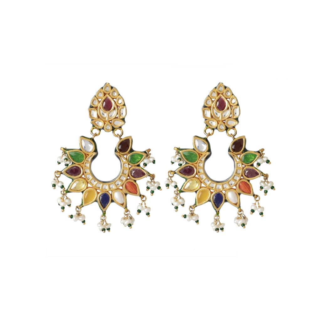 Gold Plated Multi Colour Stone With Drop Beads Chaandbali Earrings : VE011
