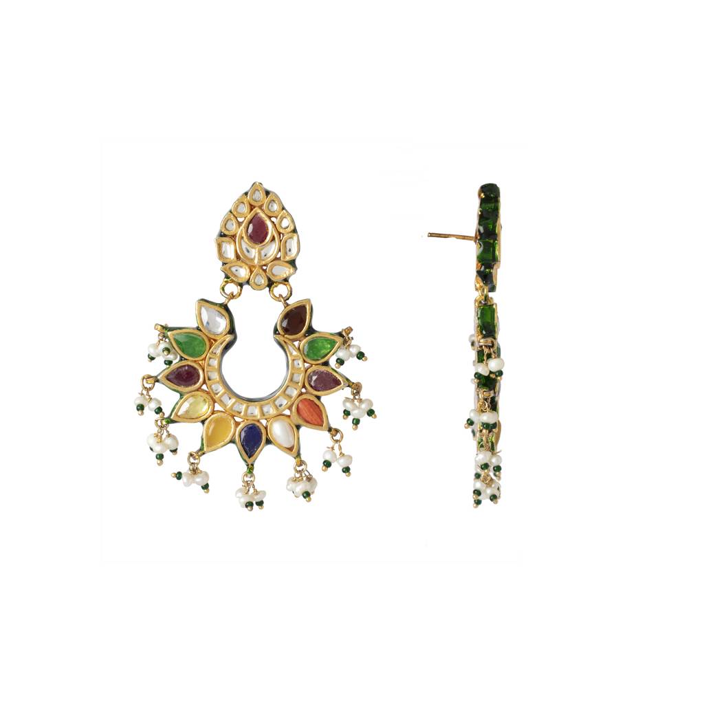 Gold Plated Multi Colour Stone With Drop Beads Chaandbali Earrings : VE011