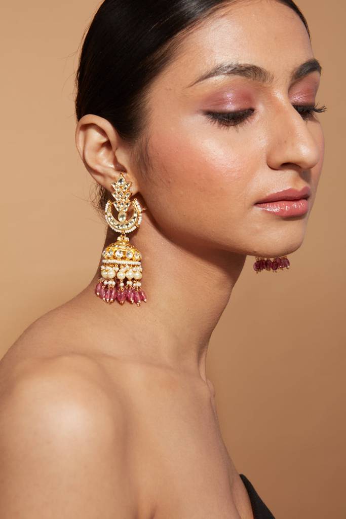 Gold Plated Kundan Polki Studded With Pink Beads Jhumka Earrings : VE012