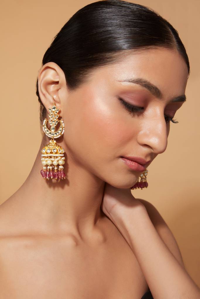Gold Plated Kundan Polki Studded With Pink Beads Jhumka Earrings : VE012