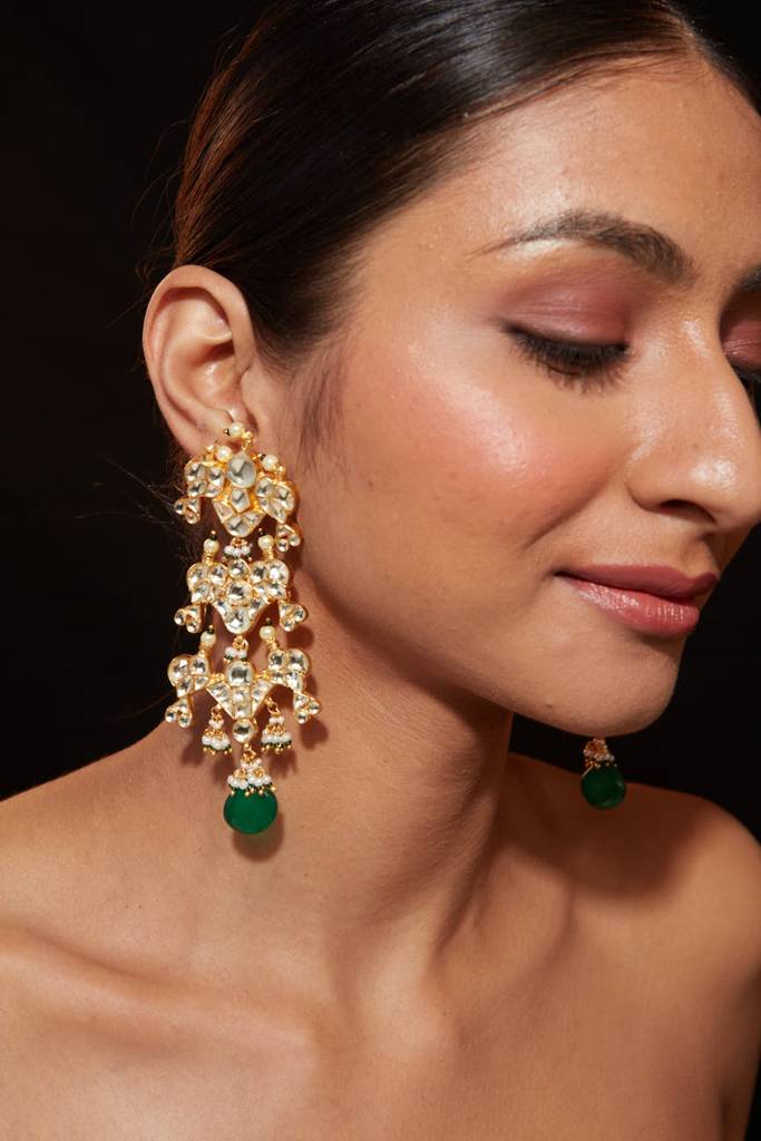 Gold Plated Kundan Studded With Single Bead Drop Dangle Earrings : VE014