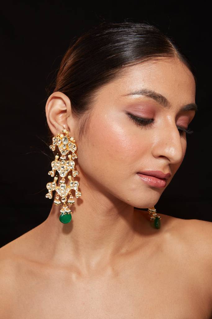 Gold Plated Kundan Studded With Single Bead Drop Dangle Earrings : VE014