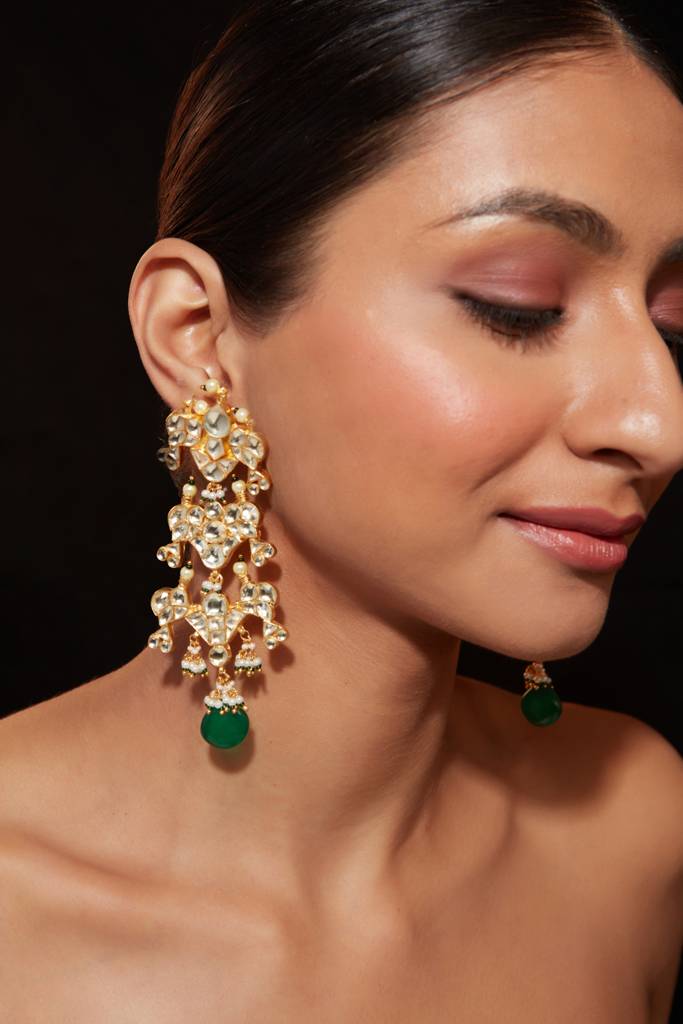 Gold Plated Kundan Studded With Single Bead Drop Dangle Earrings : VE014
