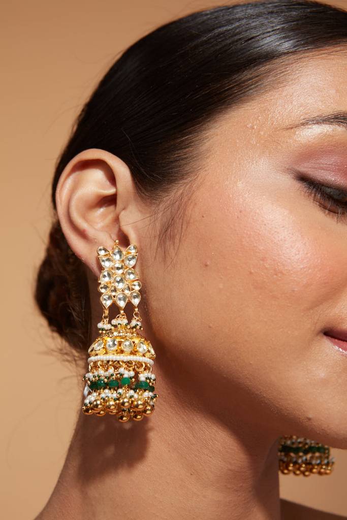 Gold Plated Kundan Studded With Beads Drop Jhumka Earrings : VE015