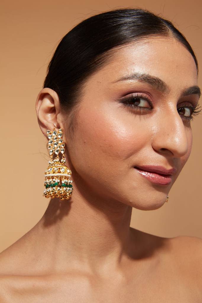 Gold Plated Kundan Studded With Beads Drop Jhumka Earrings : VE015