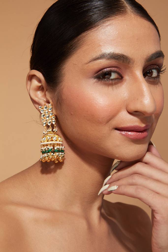 Gold Plated Kundan Studded With Beads Drop Jhumka Earrings : VE015