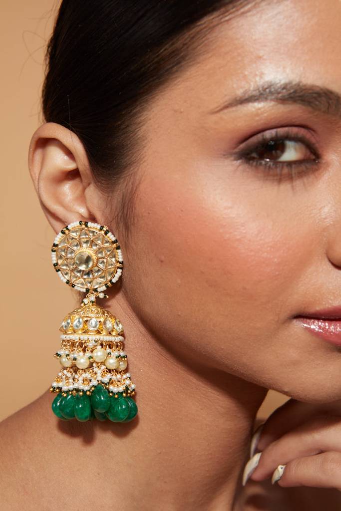Gold Plated Kundan Studded With Green Beads Drop Jhumka Earrings : VE023