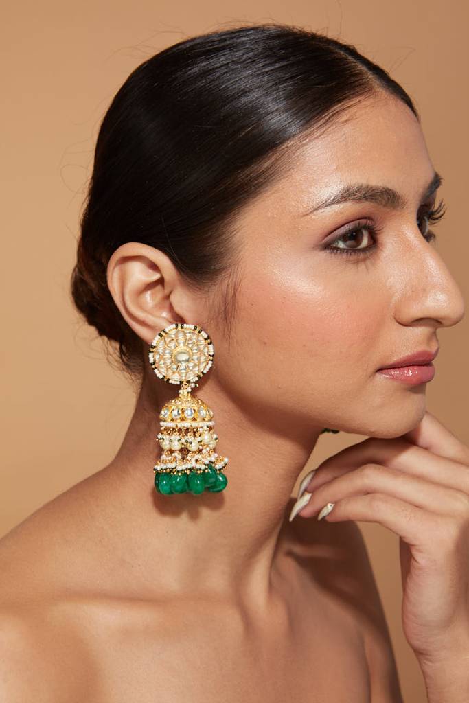 Gold Plated Kundan Studded With Green Beads Drop Jhumka Earrings : VE023