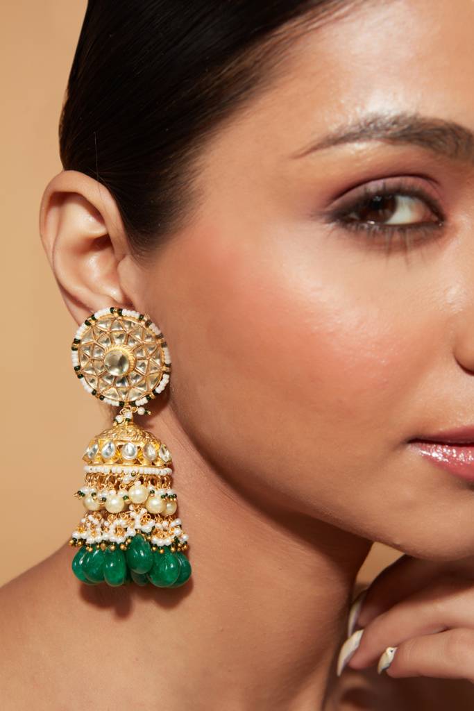 Gold Plated Kundan Studded With Green Beads Drop Jhumka Earrings : VE023
