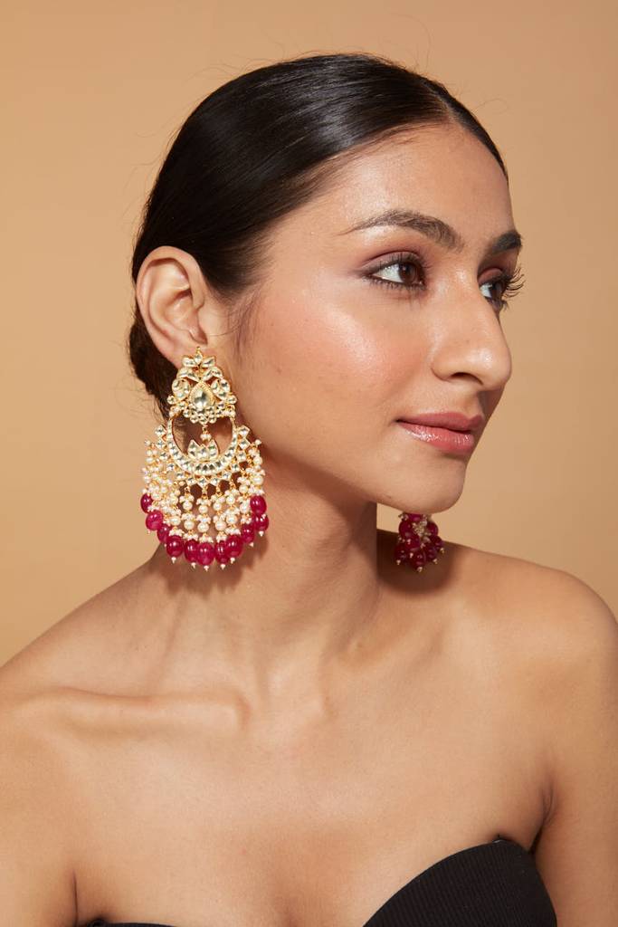 Gold Plated Kundan Studded Red Bead Drop Chaandbali Earrings : VE026