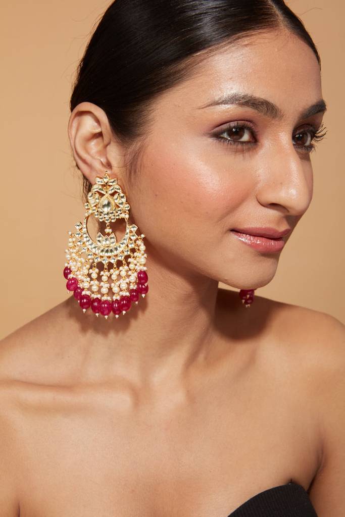 Gold Plated Kundan Studded Red Bead Drop Chaandbali Earrings : VE026