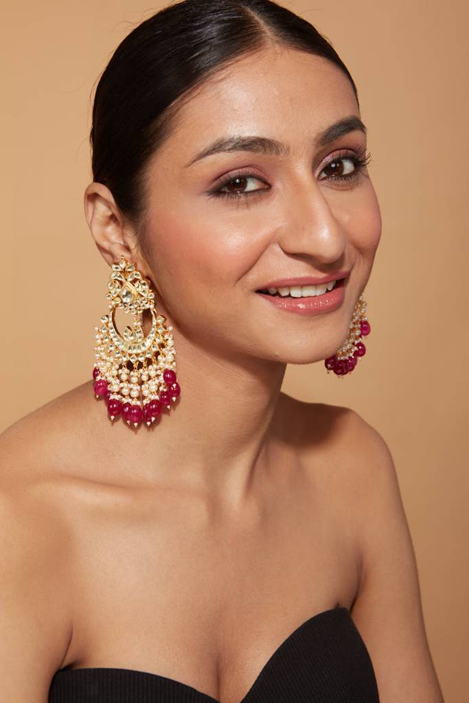 Gold Plated Kundan Studded Red Bead Drop Chaandbali Earrings : VE026