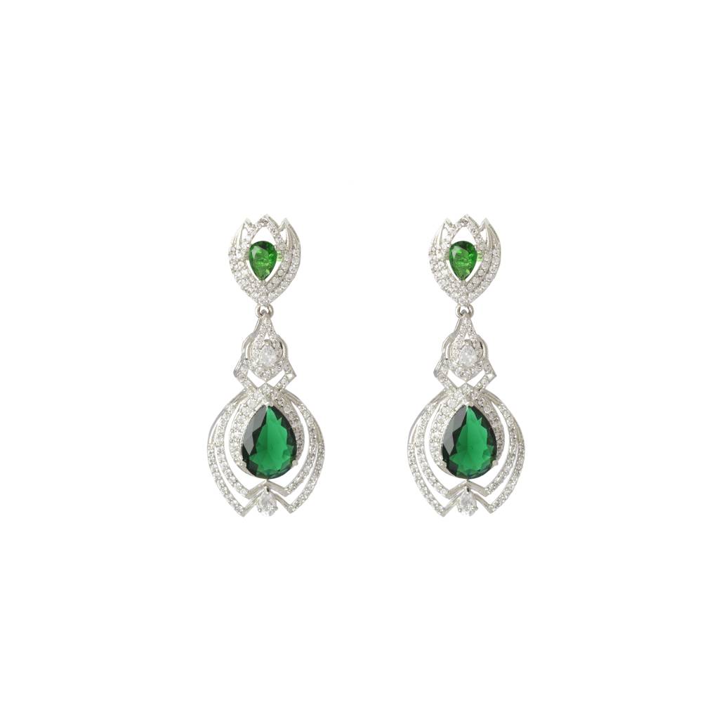 Rhodium Plated Zircon Studded With Green Synthetic Emerald Stone Dangle Earrings Set : VE028