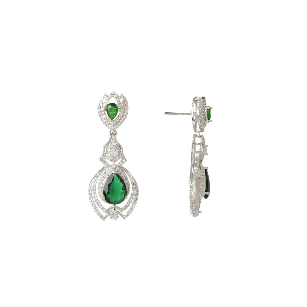 Rhodium Plated Zircon Studded With Green Synthetic Emerald Stone Dangle Earrings Set : VE028