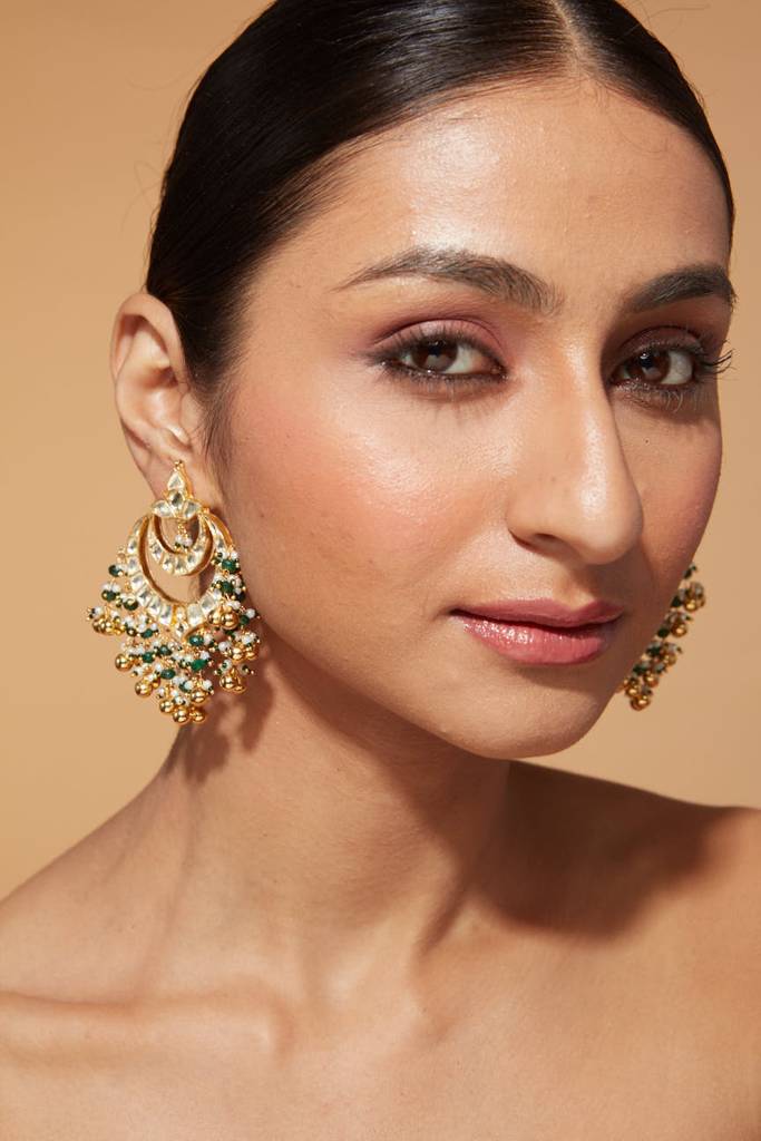 Gold Plated Kundan Studded Multi Colour Beads Chaandbali Earrings : VE030