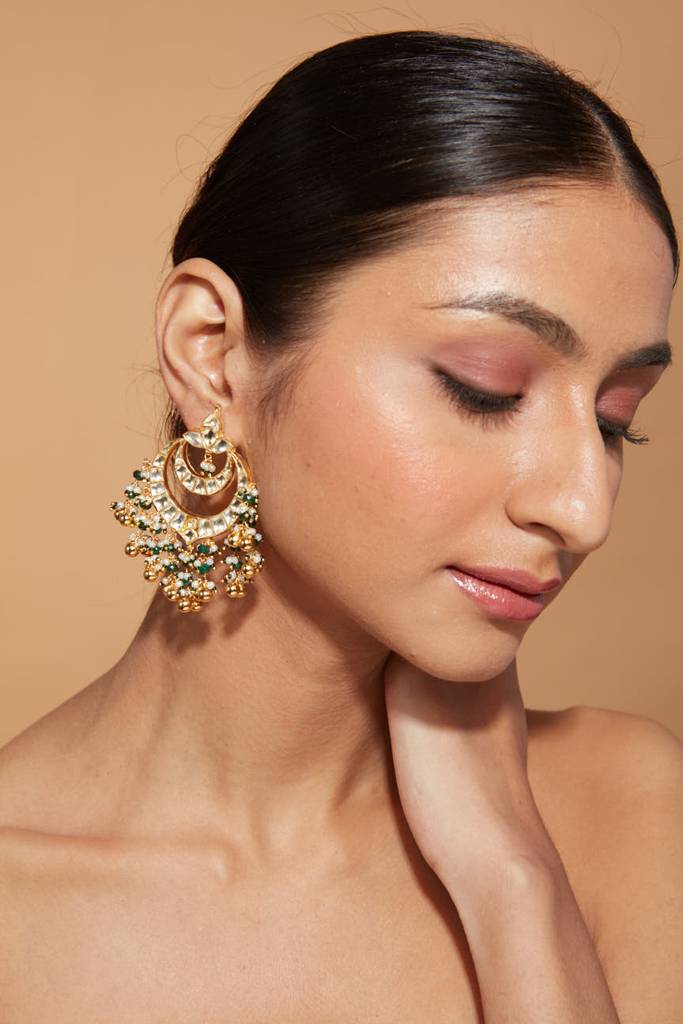 Gold Plated Kundan Studded Multi Colour Beads Chaandbali Earrings : VE030
