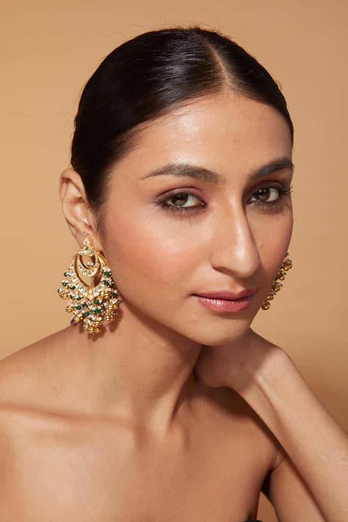 Gold Plated Kundan Studded Multi Colour Beads Chaandbali Earrings : VE030