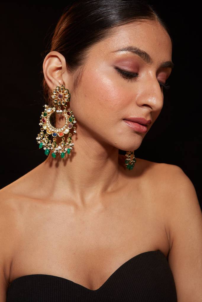 Rhodium Plated Kundan Studded With Pearl Drop Jhumka Earrings : VE040