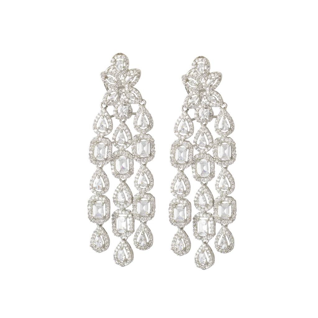 Rhodium Plated Zircon Studded Drop Earrings : VE052