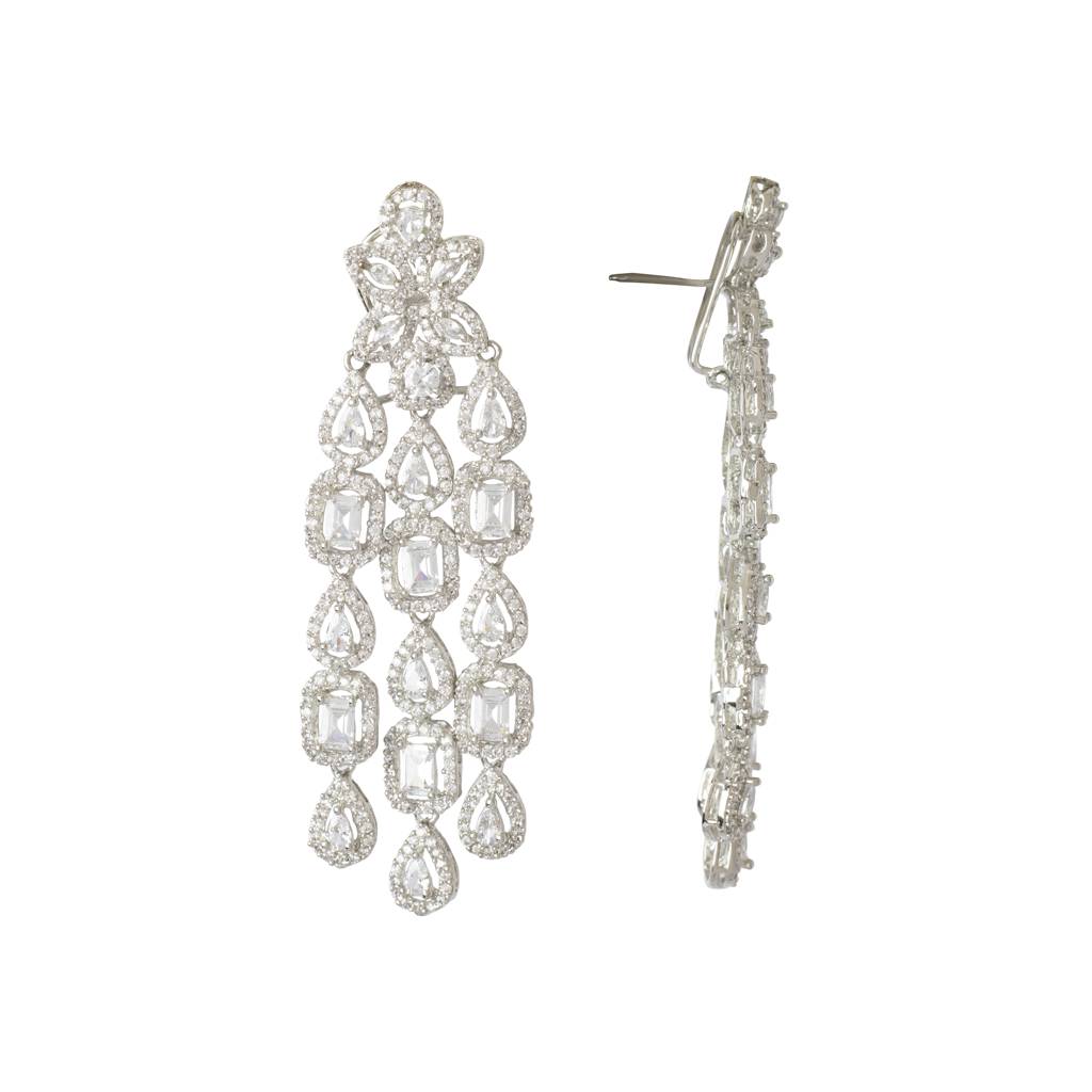 Rhodium Plated Zircon Studded Drop Earrings : VE052