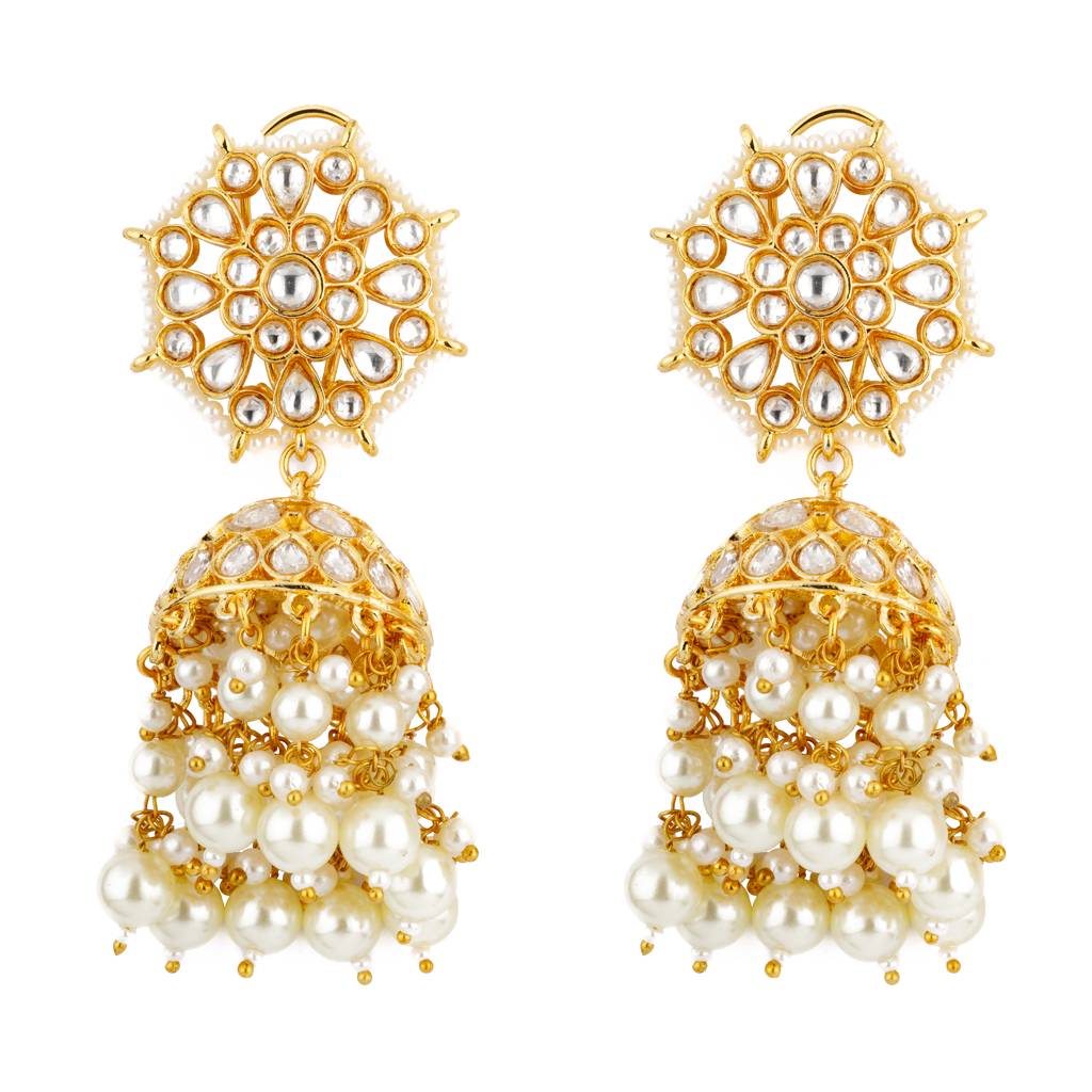 Gold Plated Kundan And Pearls Drop Jhumka Earrings : VE087