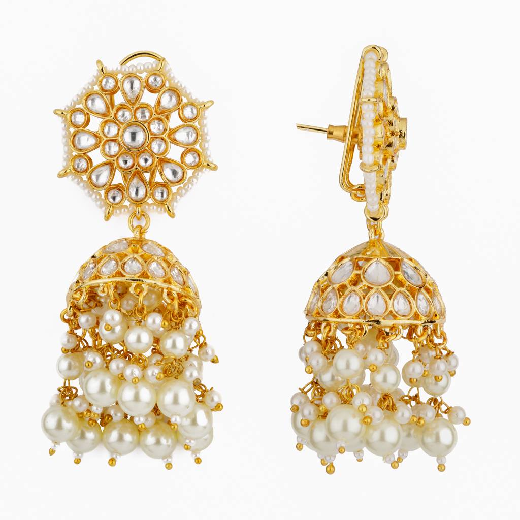 Gold Plated Kundan And Pearls Drop Jhumka Earrings : VE087