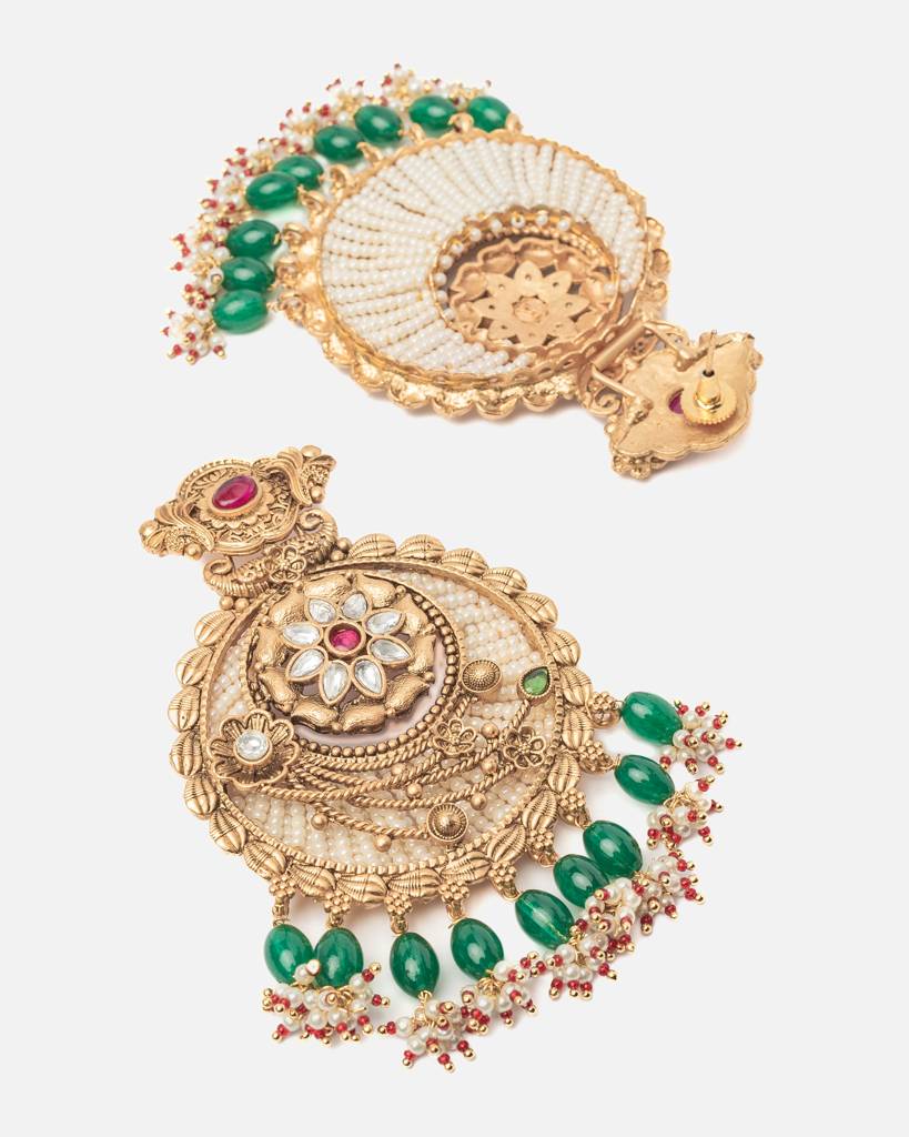 Vivinia By Vidhi Mehra Ismaarh 2.0 Gold/Green Womens Pair Of Chandbali Earrings-Ve1016 : VE1016