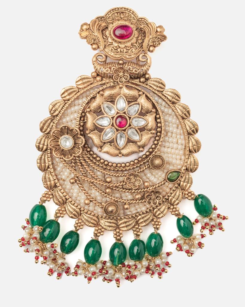 Vivinia By Vidhi Mehra Ismaarh 2.0 Gold/Green Womens Pair Of Chandbali Earrings-Ve1016 : VE1016