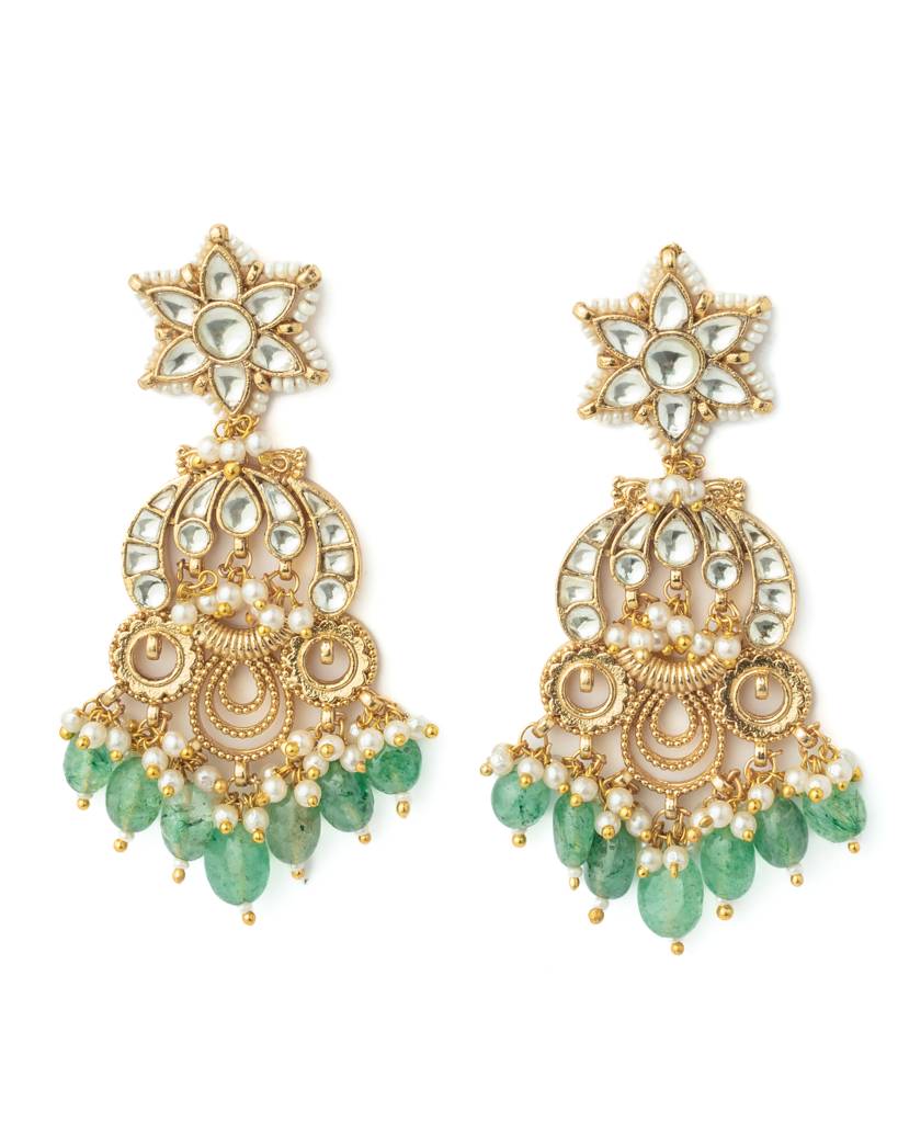 Vivinia By Vidhi Mehra Gold Plated Green Womens Kundan, Polki Pair Of Earrings-Ve1053 : VE1053