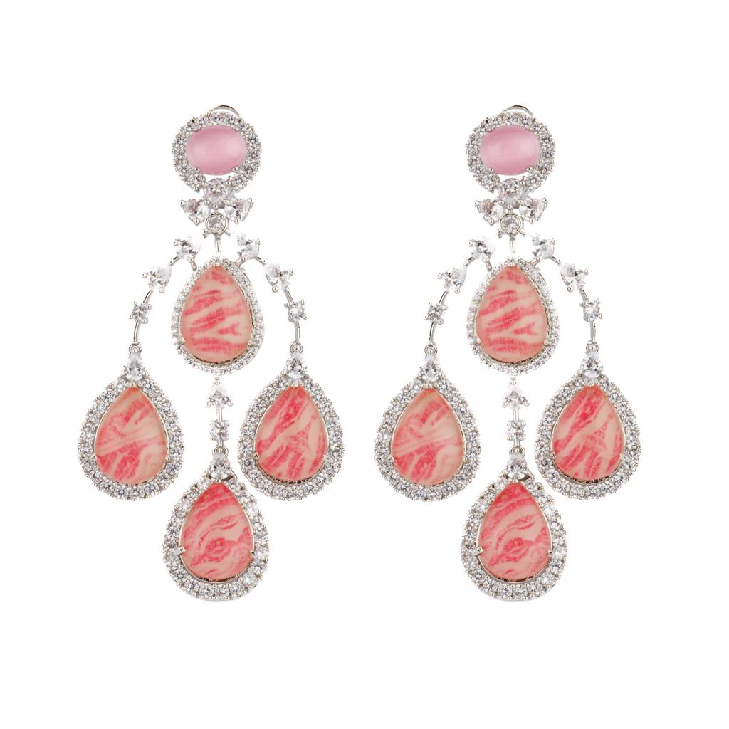 Rhodium Plated Onyx And Zircon Strand Drop Earrings : VE164